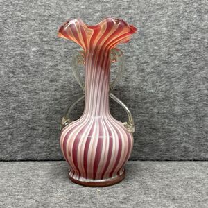 VINTAGE VICTORIAN CRANBERRY GLASS MURANO DOUBLE HANDLED VASE 1950s